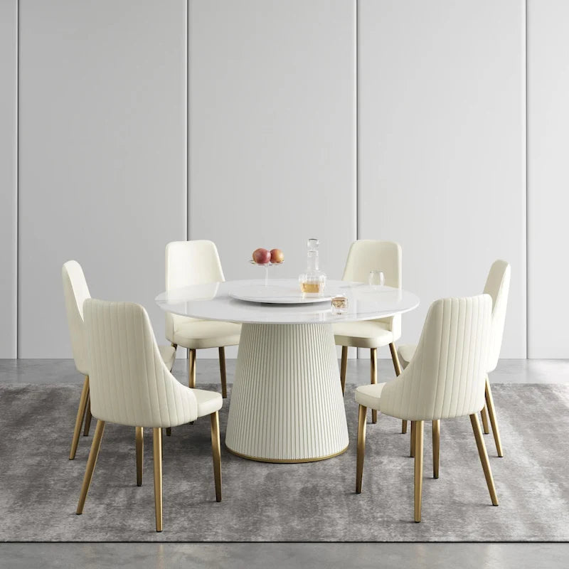 Tavolo da pranzo rotondo da 53 pollici per 6 persone, piano moderno in pietra sinterizzata bianca con Lazy Susan - N/D