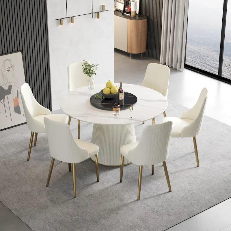 Tavolo da pranzo rotondo da 53 pollici per 6 persone, piano moderno in pietra sinterizzata bianca con Lazy Susan - N/D