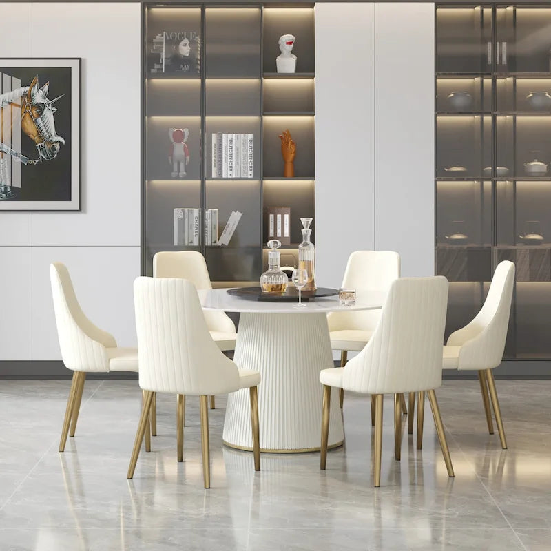 Tavolo da pranzo rotondo da 53 pollici per 6 persone, piano moderno in pietra sinterizzata bianca con Lazy Susan - N/D