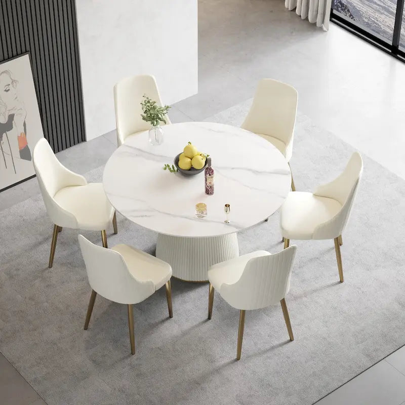 Tavolo da pranzo rotondo da 53 pollici per 6 persone, piano moderno in pietra sinterizzata bianca con Lazy Susan - N/D