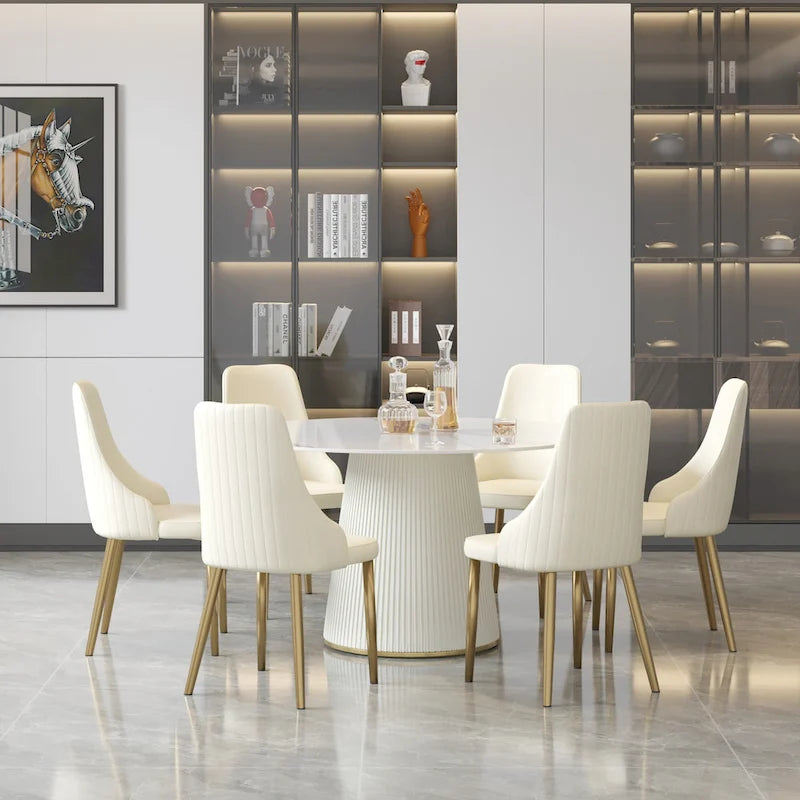 Tavolo da pranzo rotondo da 53 pollici per 6 persone, piano moderno in pietra sinterizzata bianca con Lazy Susan - N/D