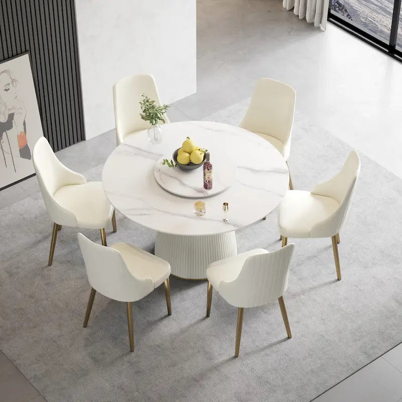 Tavolo da pranzo rotondo da 53 pollici per 6 persone, piano moderno in pietra sinterizzata bianca con Lazy Susan - N/D