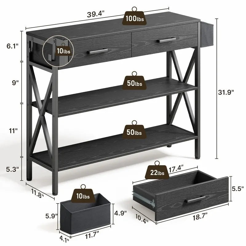 Tavolo consolle multifunzione con 2 cassetti, tavolo da ingresso con 3 ripiani portaoggetti