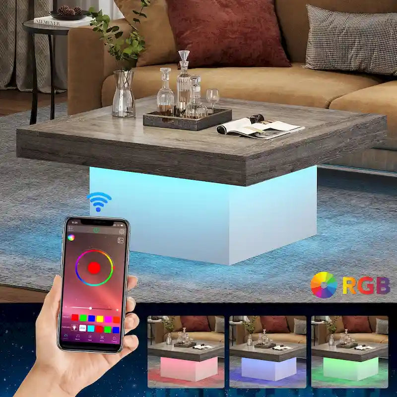 Tavolino da caffè quadrato a LED in stile fattoria, tavolino da caffè in legno ingegnerizzato per soggiorno