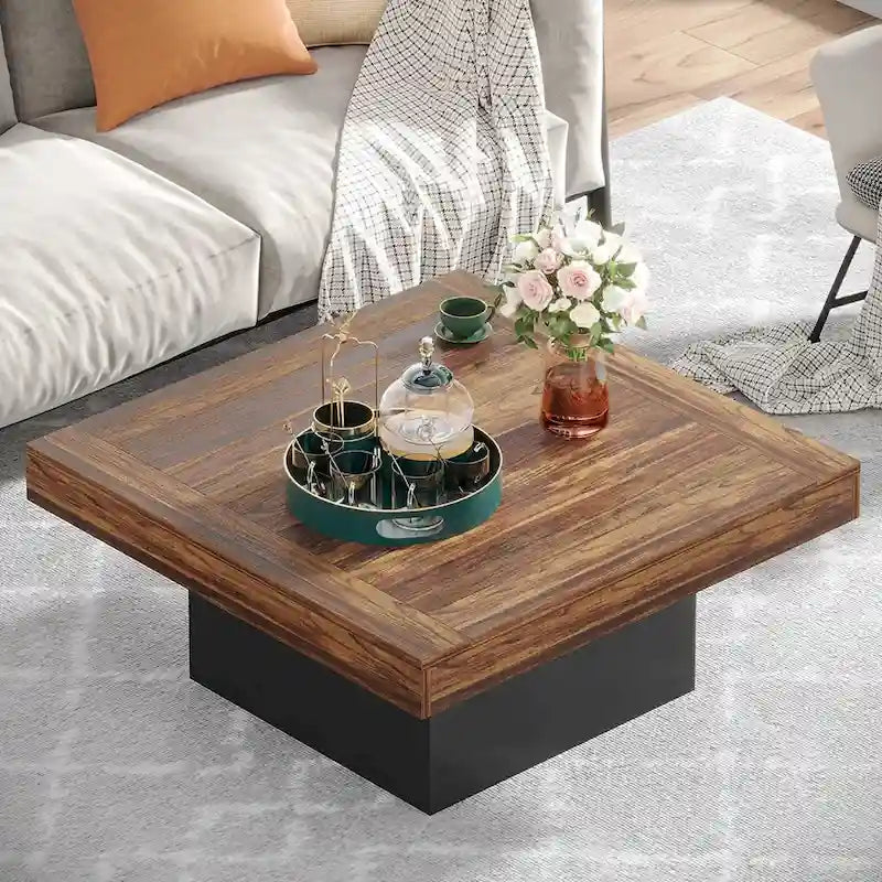 Tavolino da caffè quadrato a LED in stile fattoria, tavolino da caffè in legno ingegnerizzato per soggiorno