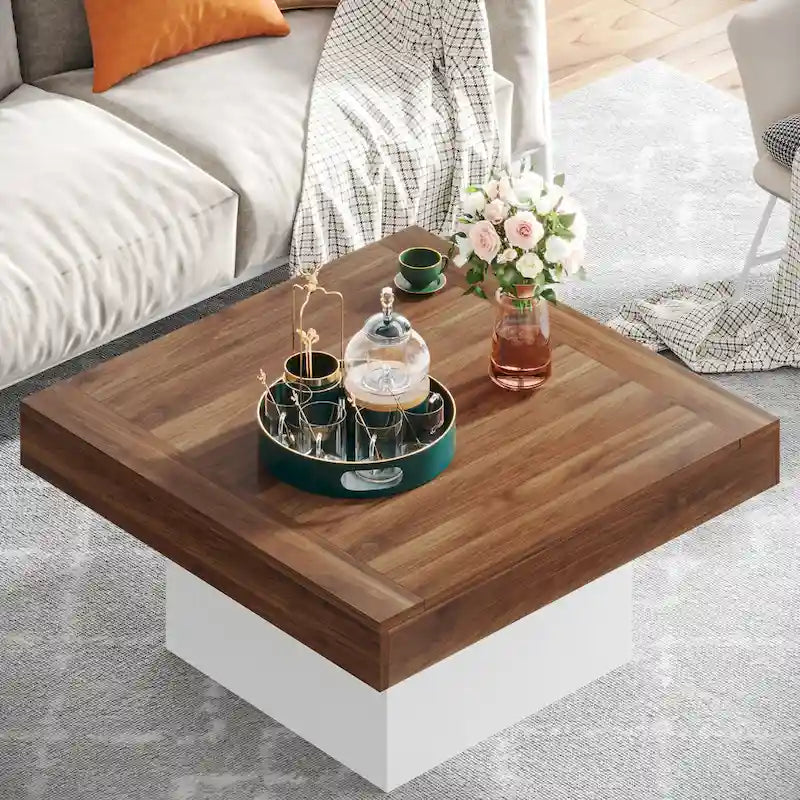 Tavolino da caffè quadrato a LED in stile fattoria, tavolino da caffè in legno ingegnerizzato per soggiorno