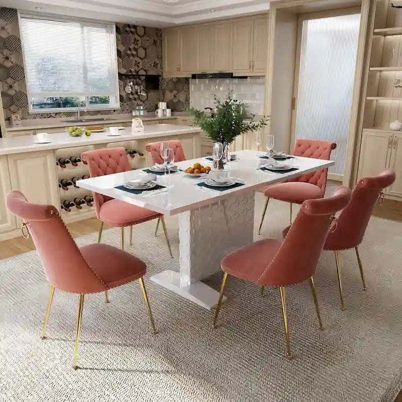Set da pranzo con tavolo estensibile lucido e sedia in velluto Clihome da 7 pezzi