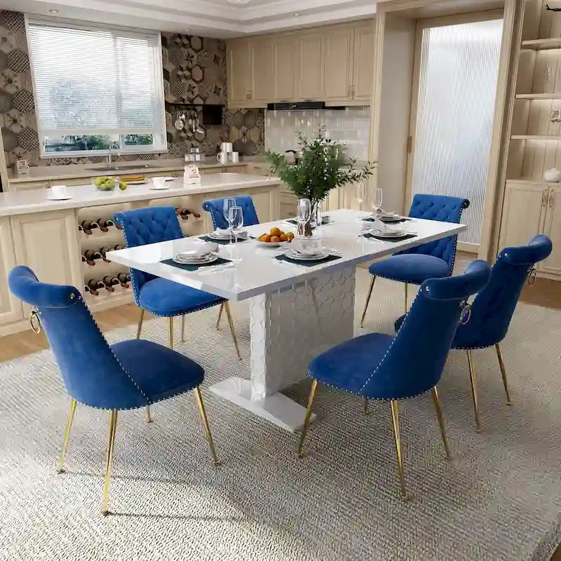Set da pranzo con tavolo estensibile lucido e sedia in velluto Clihome da 7 pezzi