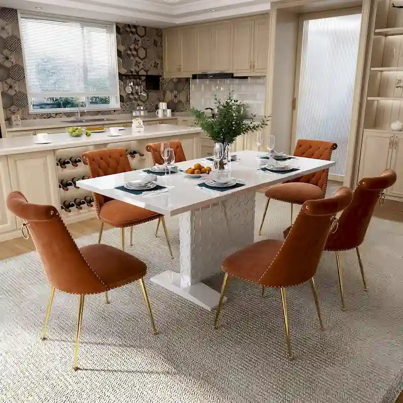 Set da pranzo con tavolo estensibile lucido e sedia in velluto Clihome da 7 pezzi