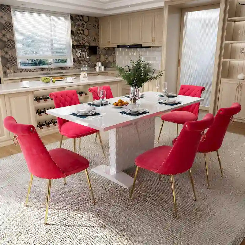 Set da pranzo con tavolo estensibile lucido e sedia in velluto Clihome da 7 pezzi