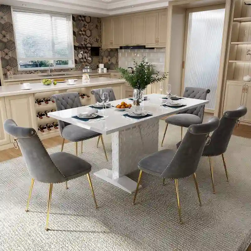 Set da pranzo con tavolo estensibile lucido e sedia in velluto Clihome da 7 pezzi