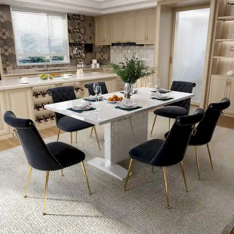 Set da pranzo con tavolo estensibile lucido e sedia in velluto Clihome da 7 pezzi