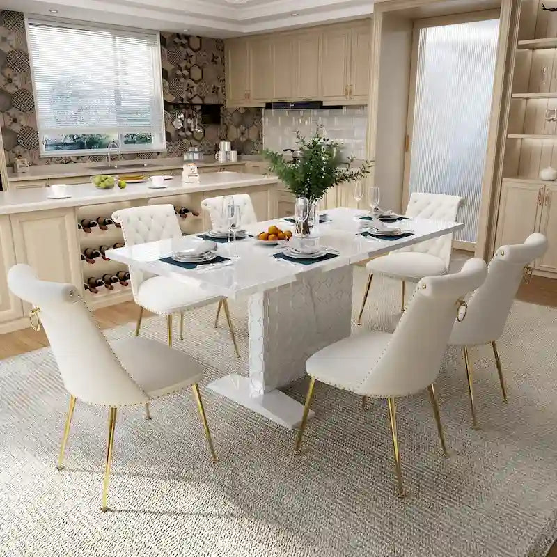Set da pranzo con tavolo estensibile lucido e sedia in velluto Clihome da 7 pezzi