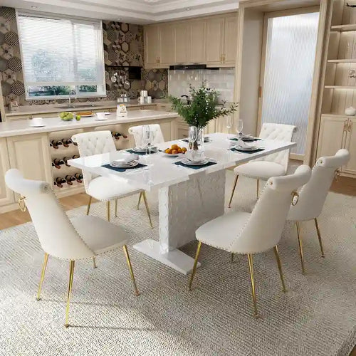 7-Piece Clihome High-gloss Extendable Table Velvet Chair Dining Set