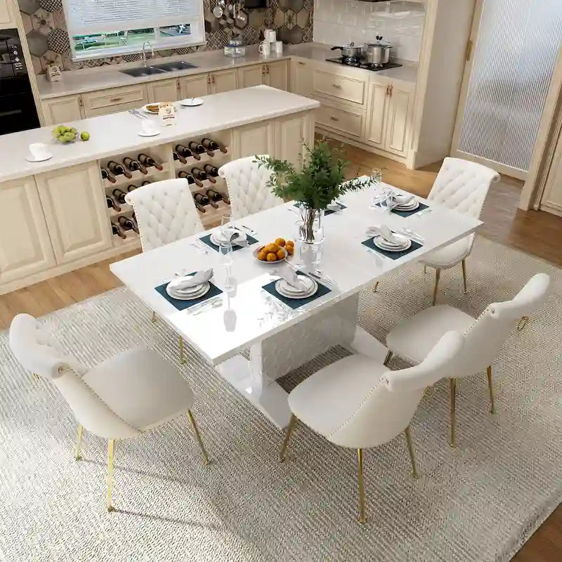 Set da pranzo con tavolo estensibile lucido e sedia in velluto Clihome da 7 pezzi