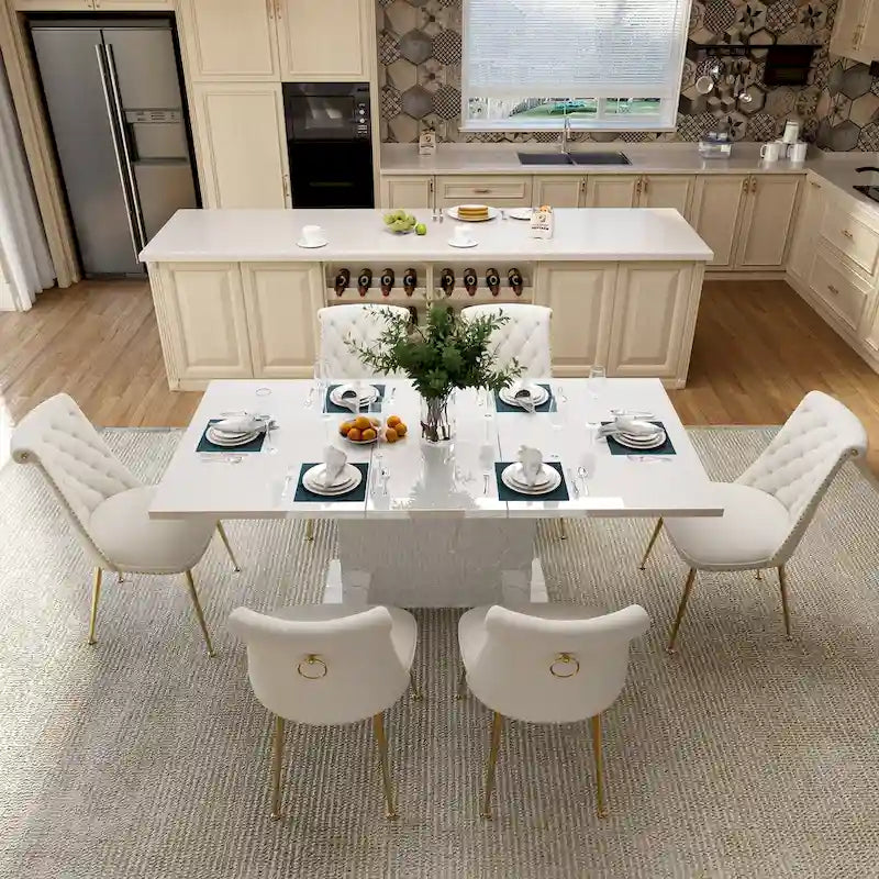 Set da pranzo con tavolo estensibile lucido e sedia in velluto Clihome da 7 pezzi