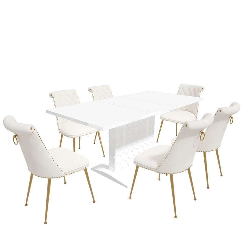 Set da pranzo con tavolo estensibile lucido e sedia in velluto Clihome da 7 pezzi