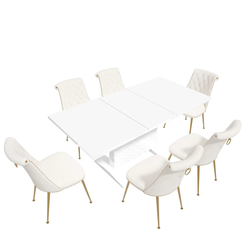 Set da pranzo con tavolo estensibile lucido e sedia in velluto Clihome da 7 pezzi