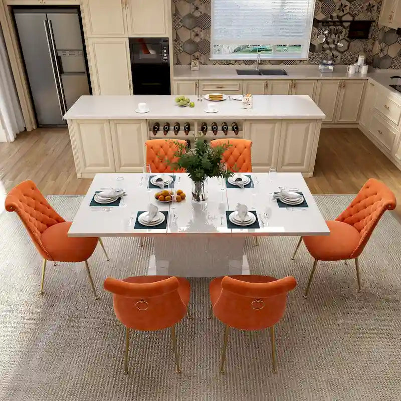 Set da pranzo con tavolo estensibile lucido e sedia in velluto Clihome da 7 pezzi