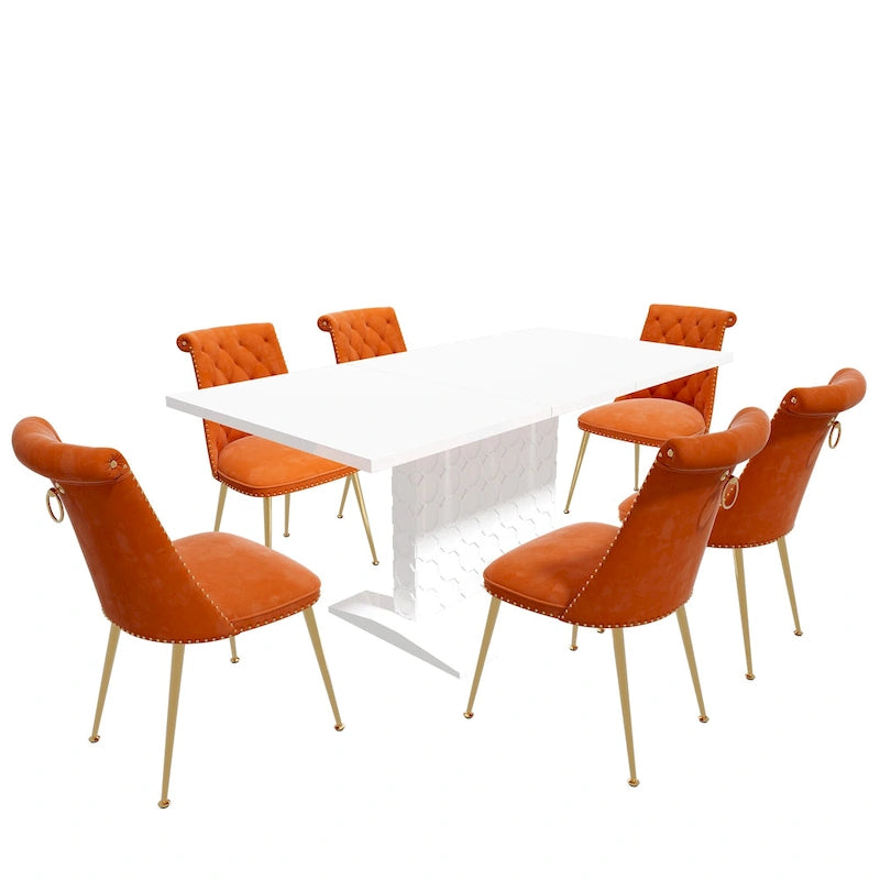 Set da pranzo con tavolo estensibile lucido e sedia in velluto Clihome da 7 pezzi