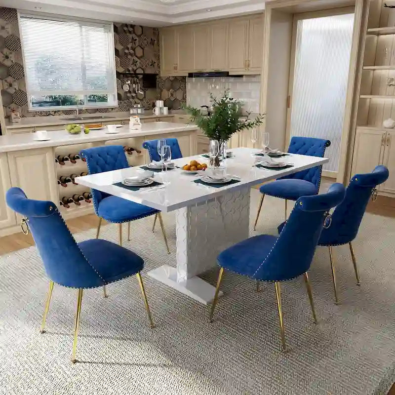 Set da pranzo con tavolo estensibile lucido e sedia in velluto Clihome da 7 pezzi