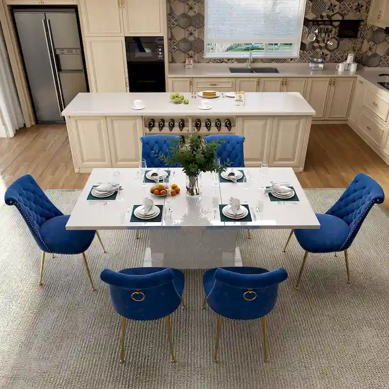 Set da pranzo con tavolo estensibile lucido e sedia in velluto Clihome da 7 pezzi