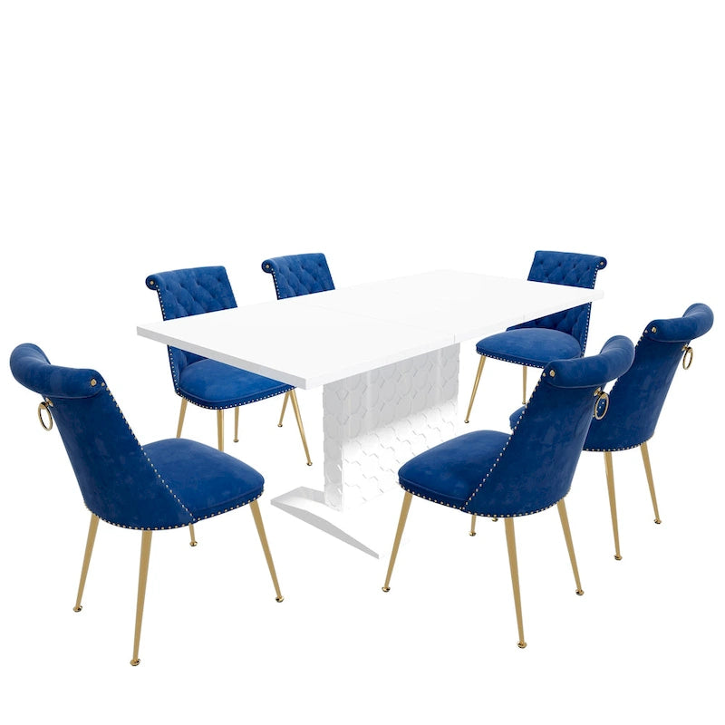 Set da pranzo con tavolo estensibile lucido e sedia in velluto Clihome da 7 pezzi