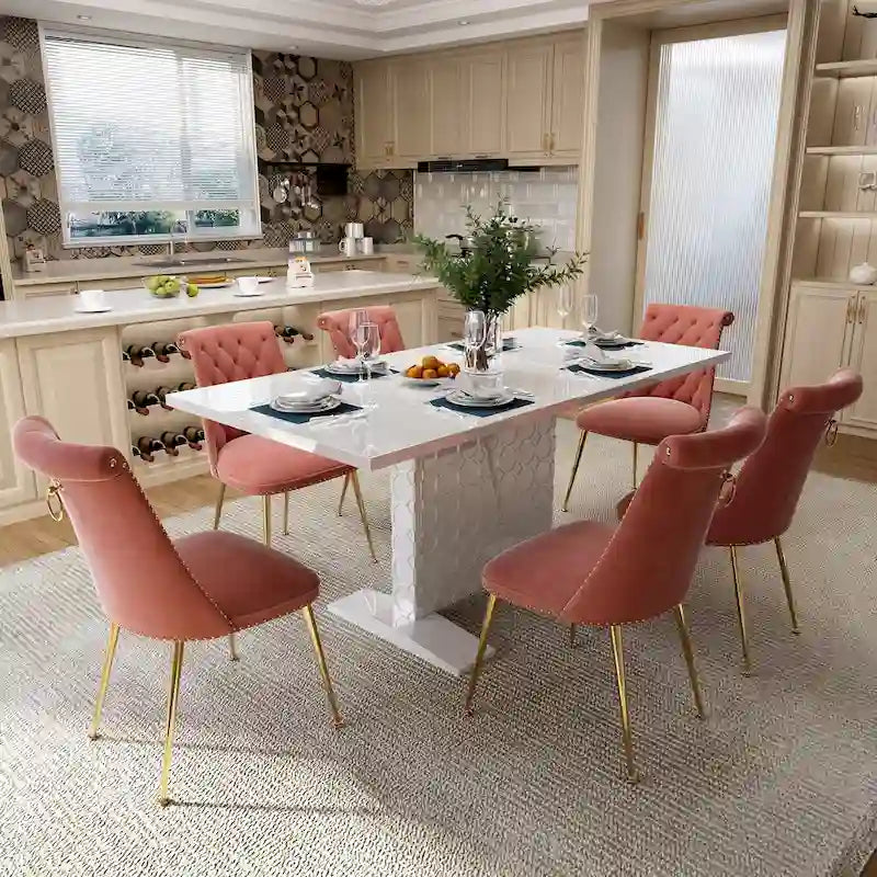 Set da pranzo con tavolo estensibile lucido e sedia in velluto Clihome da 7 pezzi