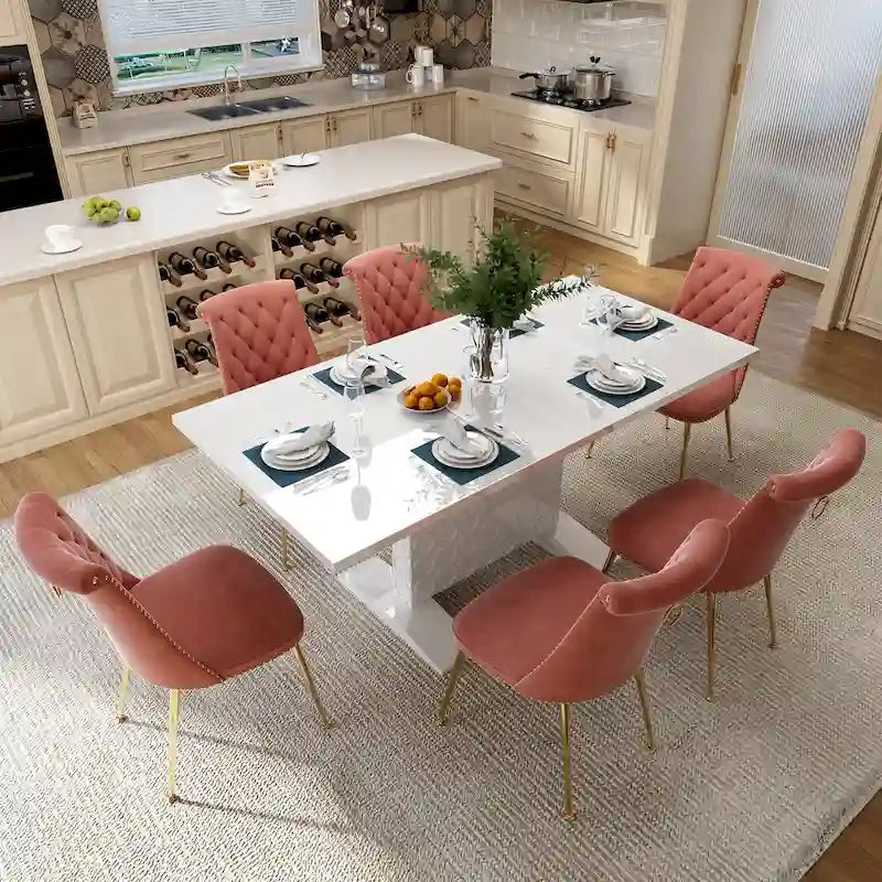 Set da pranzo con tavolo estensibile lucido e sedia in velluto Clihome da 7 pezzi