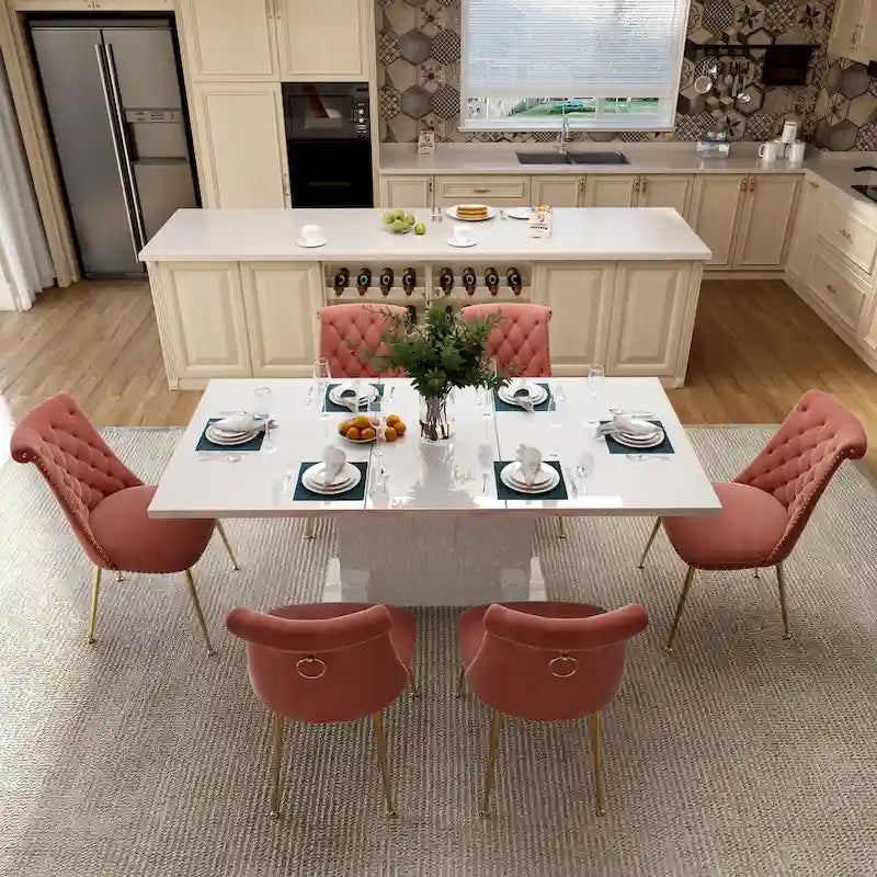 Set da pranzo con tavolo estensibile lucido e sedia in velluto Clihome da 7 pezzi