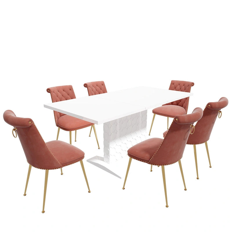 Set da pranzo con tavolo estensibile lucido e sedia in velluto Clihome da 7 pezzi