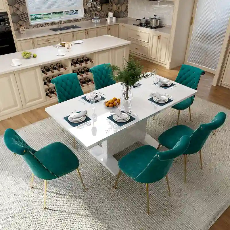 Set da pranzo con tavolo estensibile lucido e sedia in velluto Clihome da 7 pezzi