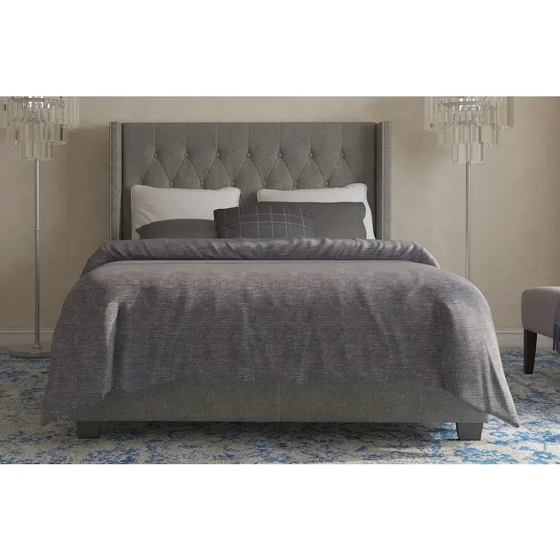Letto Wingback grigio con trapuntatura a diamante