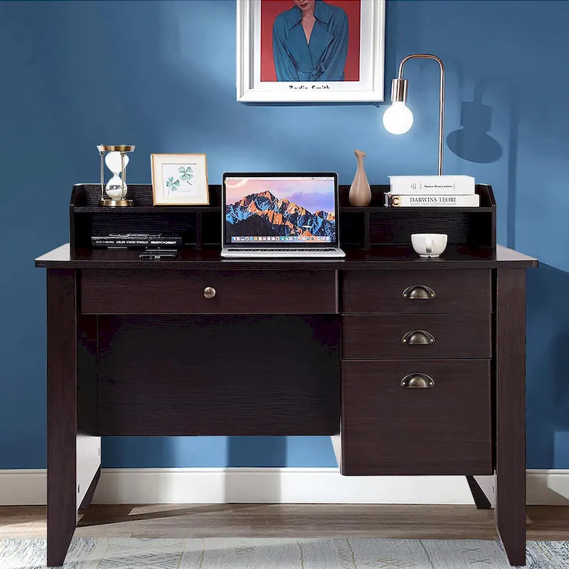Scrivania per computer in legno, tavolo da studio per ufficio con cassetti