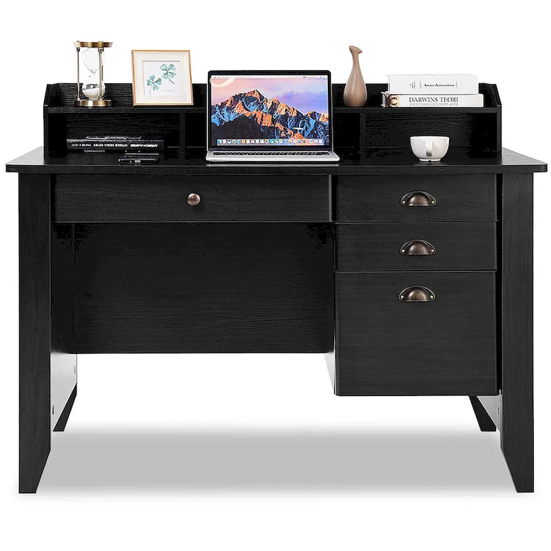 Scrivania per computer in legno, tavolo da studio per ufficio con cassetti