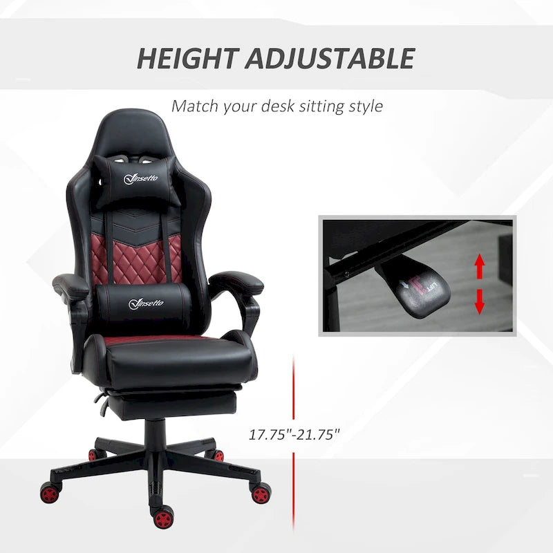Sedia da gioco Vinsetto, stile racing, sedia ergonomica da ufficio, altezza regolabile, girevole, reclinabile, schienale alto, sedia da scrivania per computer PC