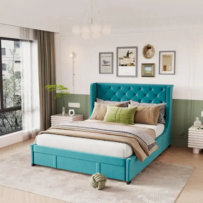Letto matrimoniale imbottito con testiera Wingback e un grande cassetto