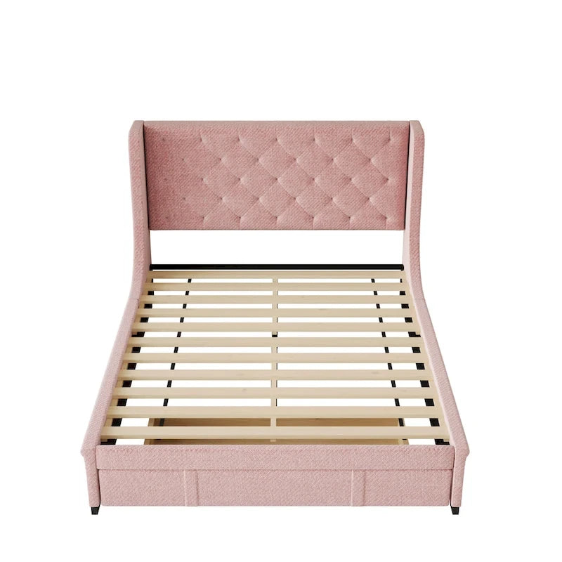 Letto matrimoniale imbottito con testiera Wingback e un grande cassetto