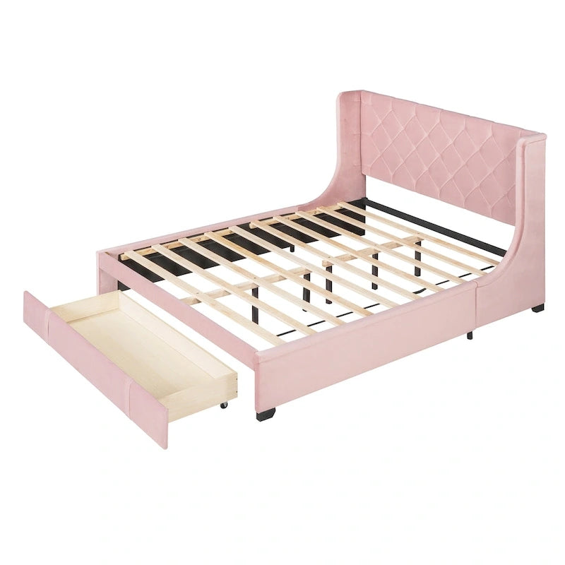 Letto matrimoniale imbottito con testiera Wingback e un grande cassetto
