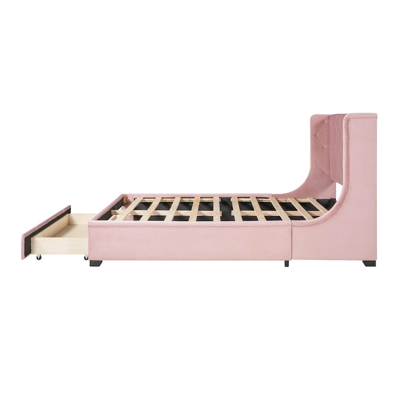 Letto matrimoniale imbottito con testiera Wingback e un grande cassetto