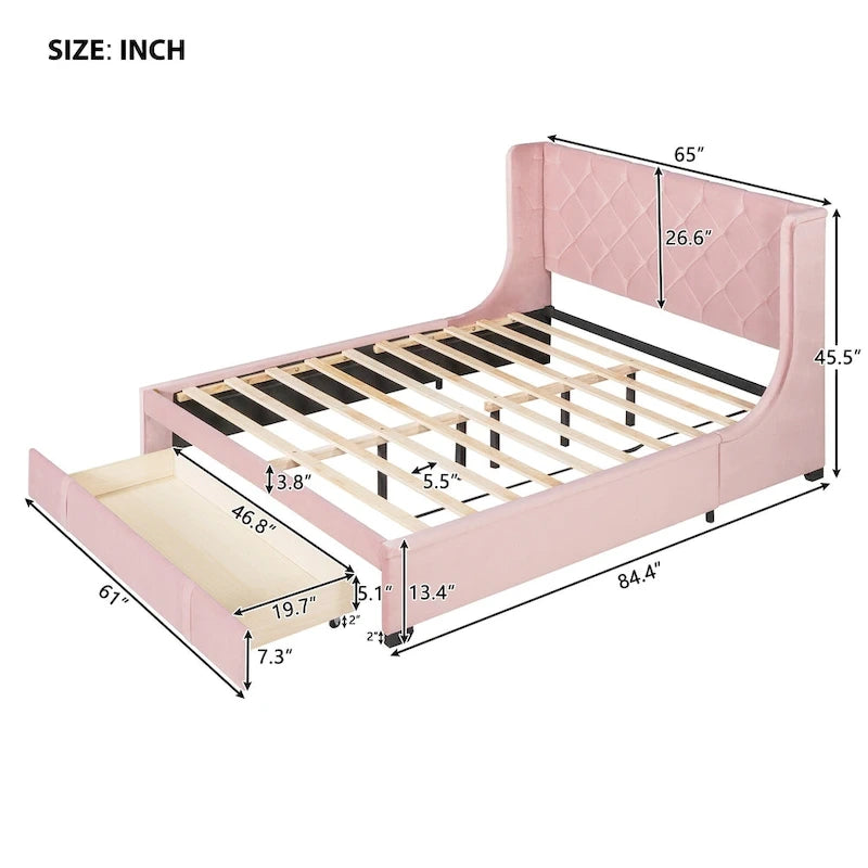 Letto matrimoniale imbottito con testiera Wingback e un grande cassetto