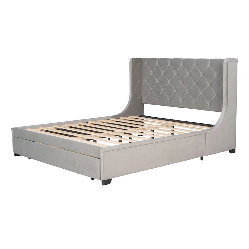 Letto matrimoniale imbottito con testiera Wingback e un grande cassetto