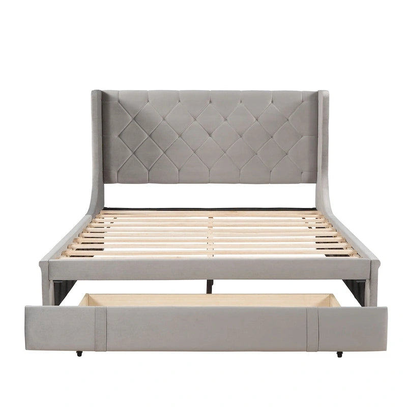 Letto matrimoniale imbottito con testiera Wingback e un grande cassetto