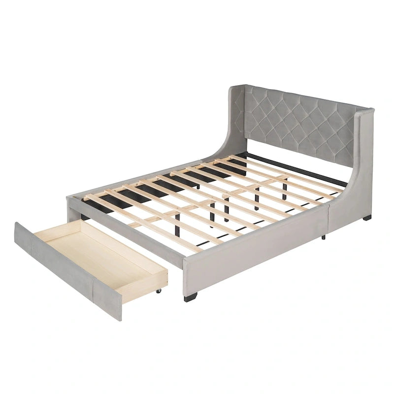 Letto matrimoniale imbottito con testiera Wingback e un grande cassetto