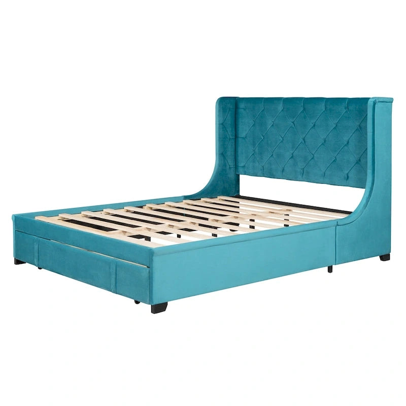 Letto matrimoniale imbottito con testiera Wingback e un grande cassetto