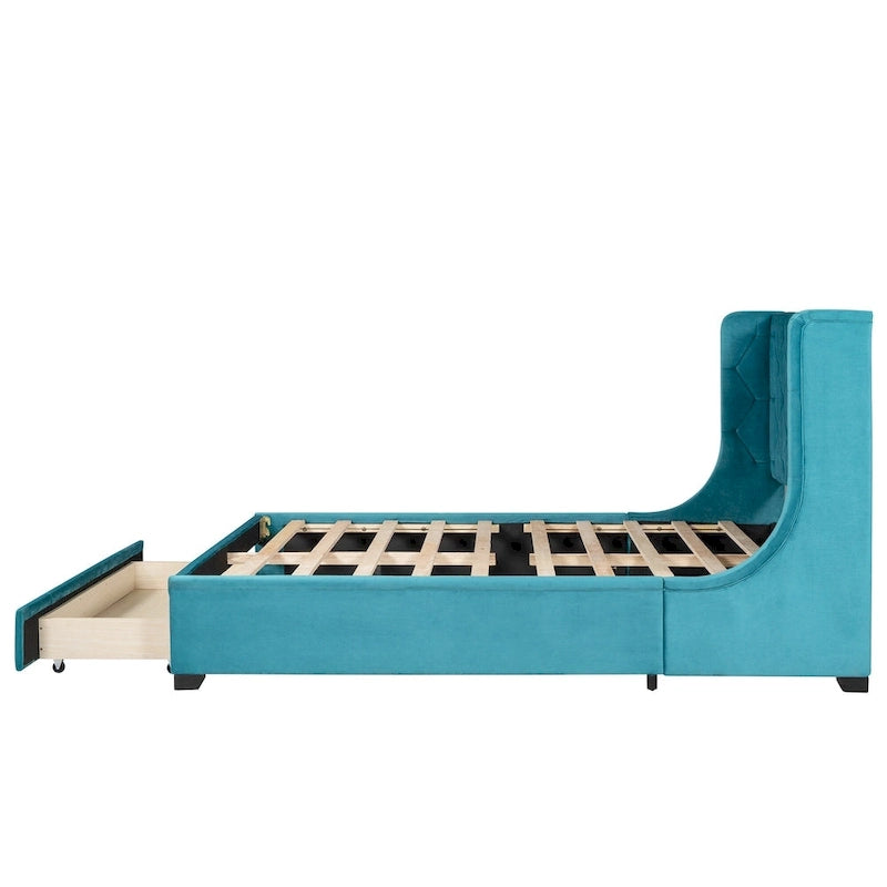 Letto matrimoniale imbottito con testiera Wingback e un grande cassetto