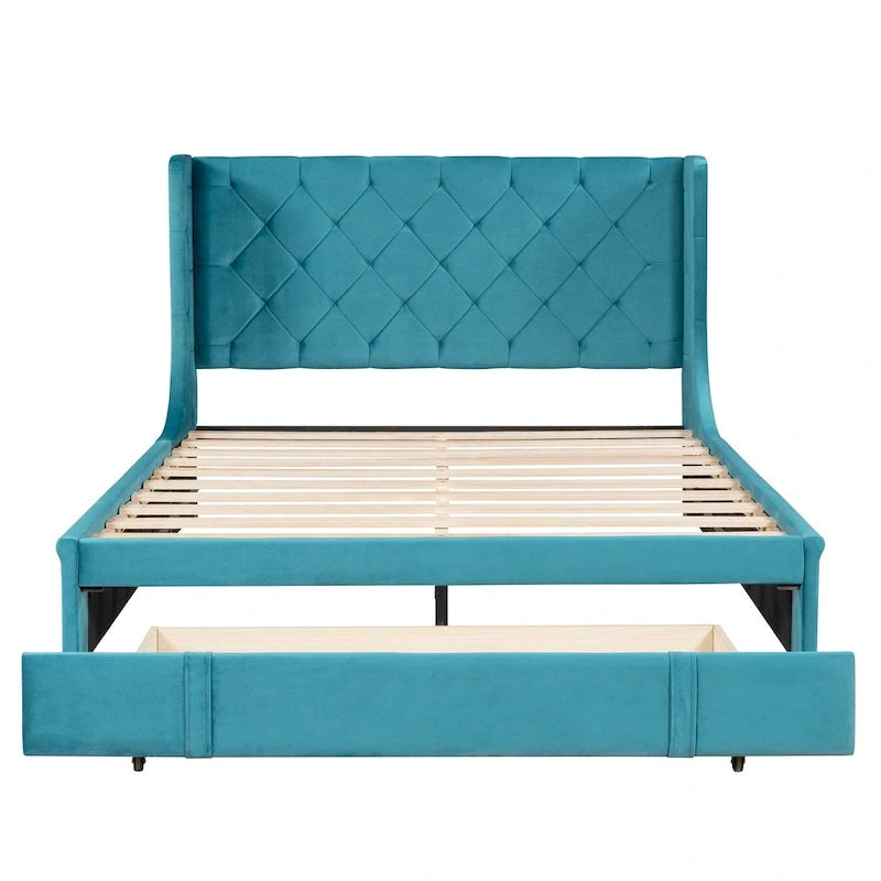 Letto matrimoniale imbottito con testiera Wingback e un grande cassetto