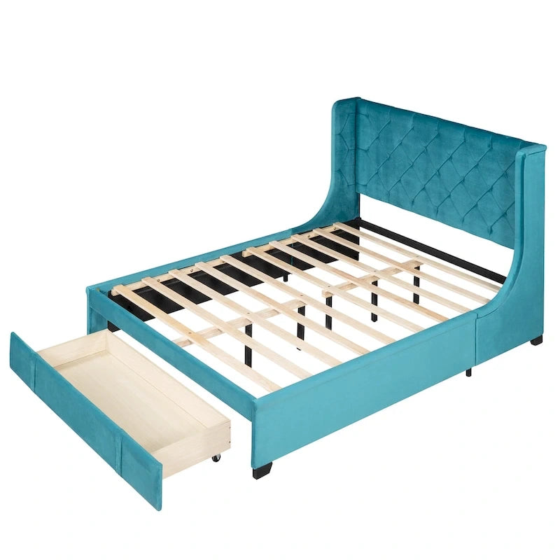 Letto matrimoniale imbottito con testiera Wingback e un grande cassetto