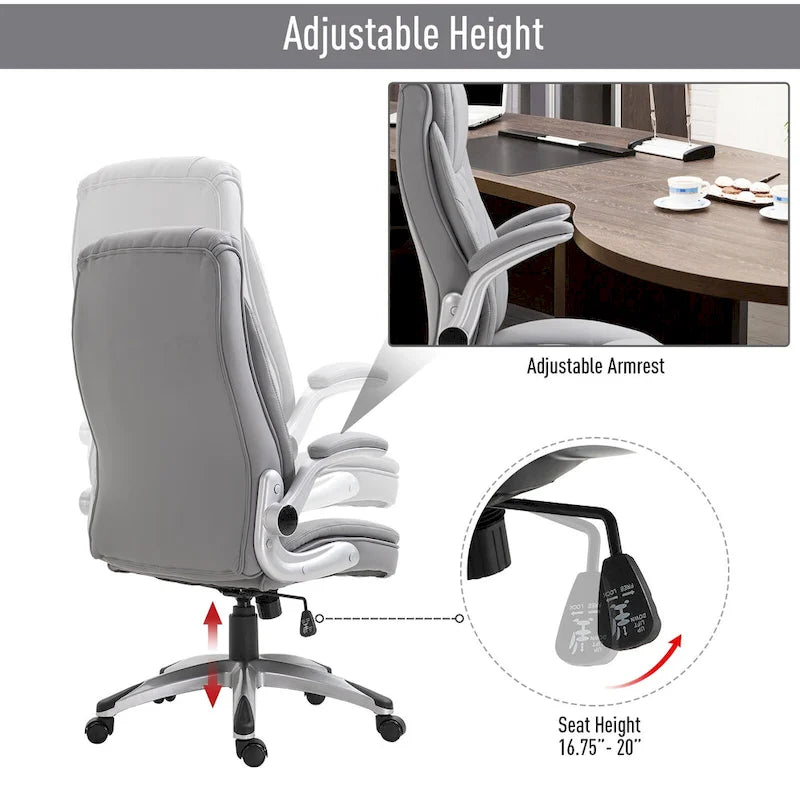 Sedia ergonomica da ufficio con schienale alto girevole a 360° e braccioli ribaltabili, sedia a dondolo per scrivania in similpelle, grigio