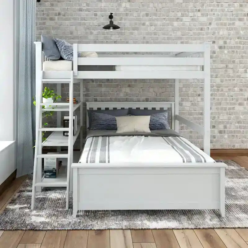 Letto a castello a L con travi e assi e libreria